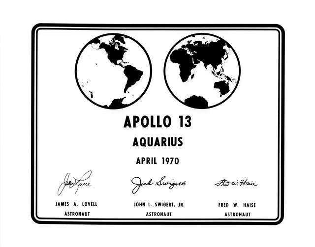 Photographic replica of the plaque Apollo 13 astronauts will leave on moon