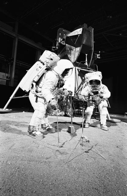 Astronaut Edwin Aldrin poses for photograph beside deployed U.S. flag